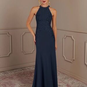 Azazie Tyra - Dark Navy Mermaid Halter Lace Stretch Crepe Dress